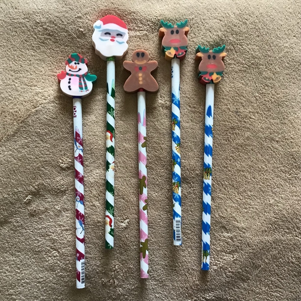 5 Christmas Pencils with Character Erasers Santa Snowman Gingerbread Reindeer